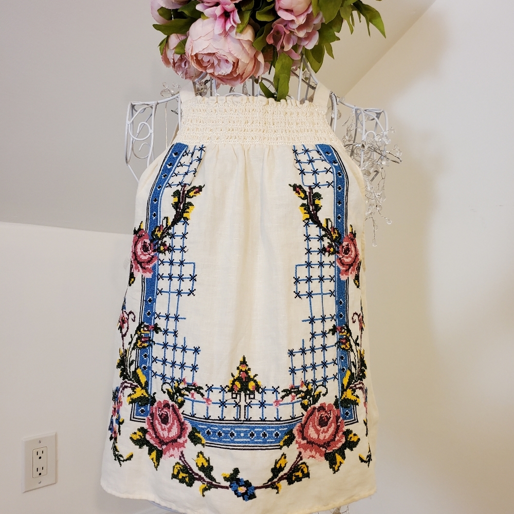 Free People White Embroidered Tank Top